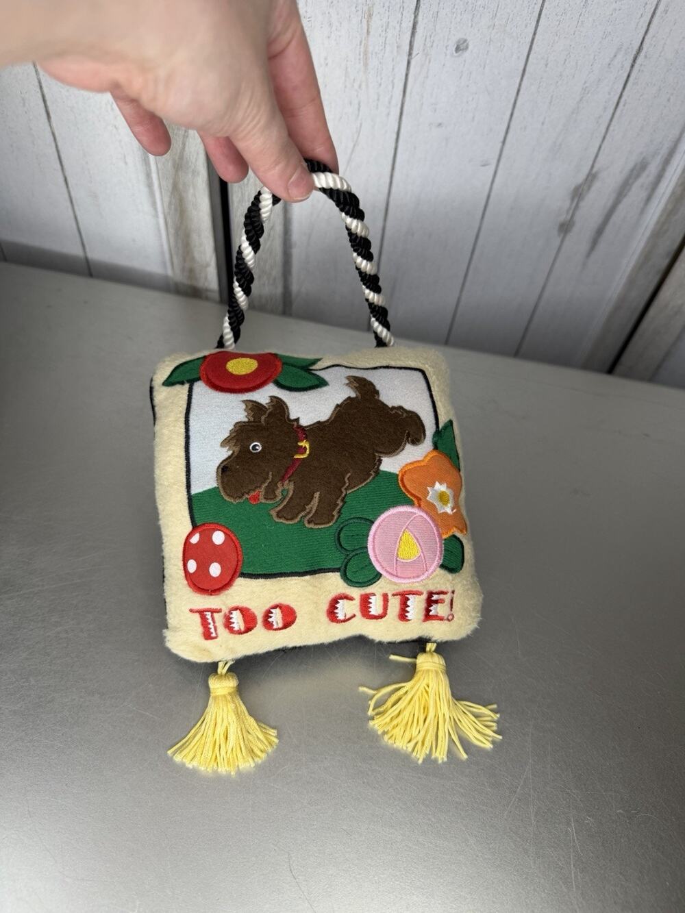 VTG Mary Engelbreit Pillow Door Hanger ‘Too Cute’ Dog Tasseled Mini 5.5x5.5in